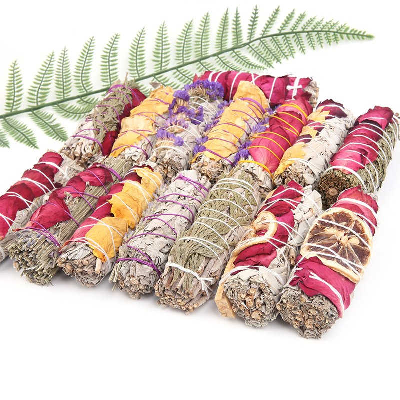 Wholesale white sage bundle with flower petal smudge sticks sage incense stick with leaves rose