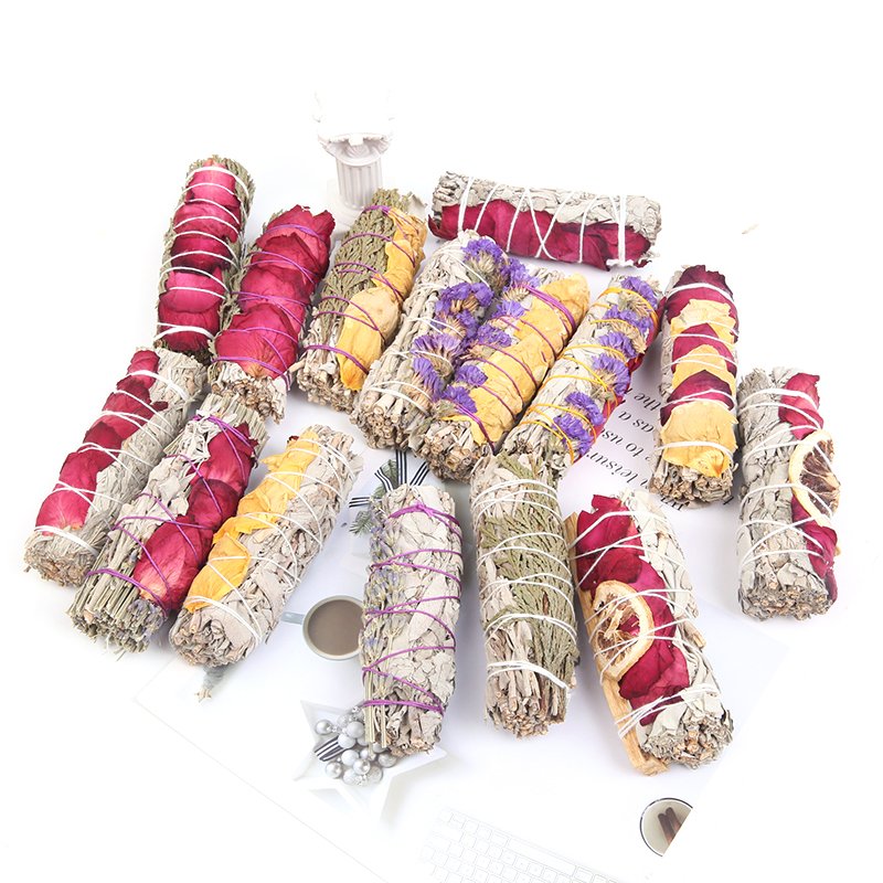 Wholesale white sage bundle with flower petal smudge sticks sage incense stick with leaves rose