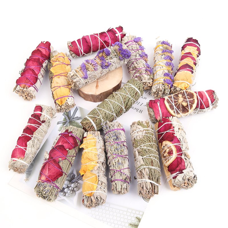 Wholesale white sage bundle with flower petal smudge sticks sage incense stick with leaves rose
