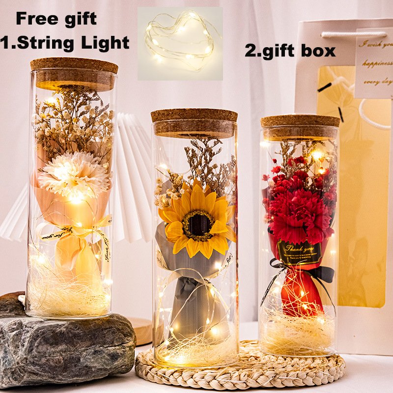 New Arrival Valentine's Day Anniversary Gift Box Soap Rose Dried Flower Glass Cover with LED