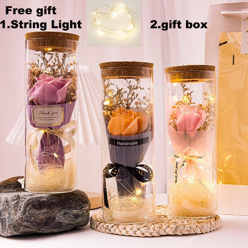 New Arrival Valentine's Day Anniversary Gift Box Soap Rose Dried Flower Glass Cover with LED