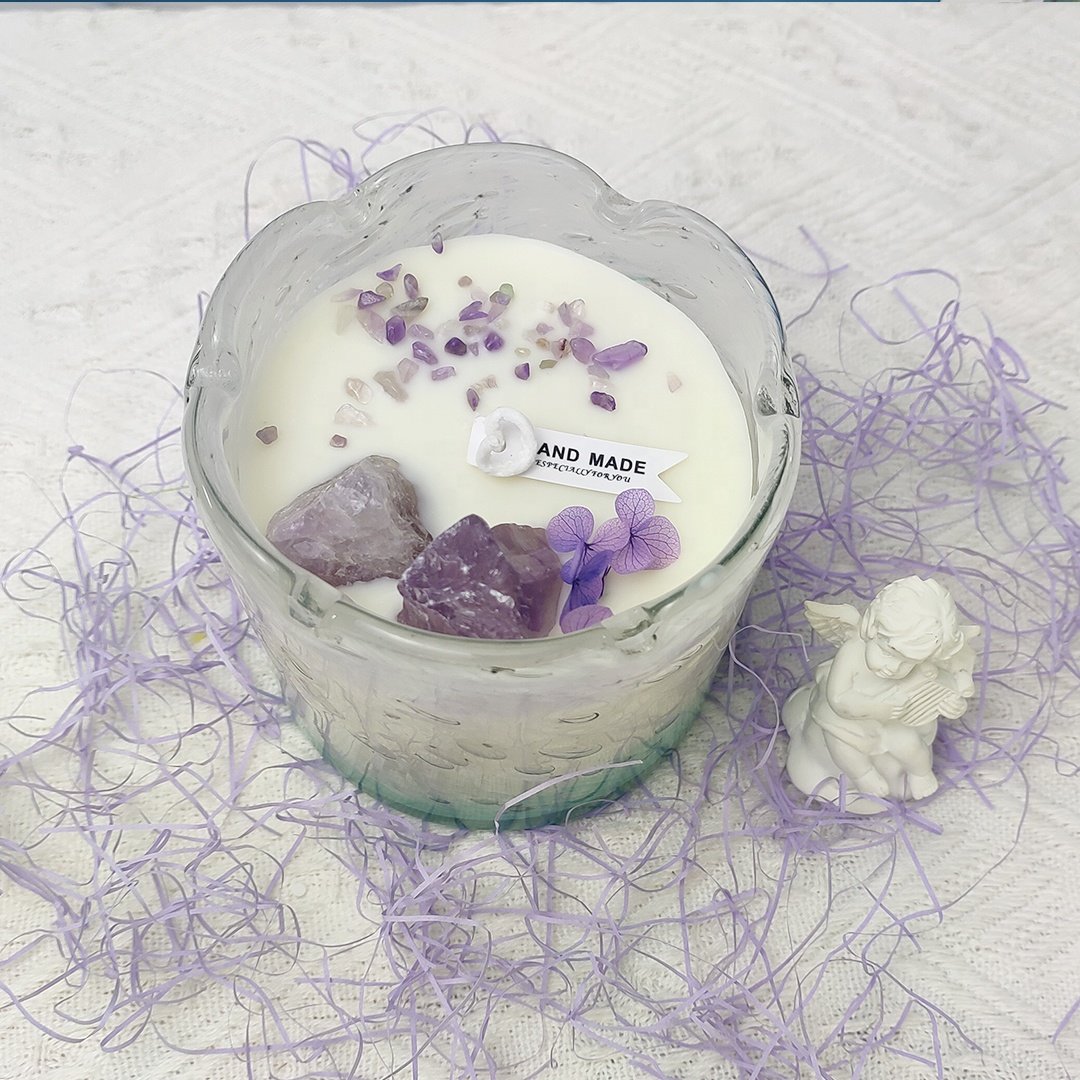 Custom handmade various dried flower crystal pattern soy wax candle in glass with bubbles scented candles