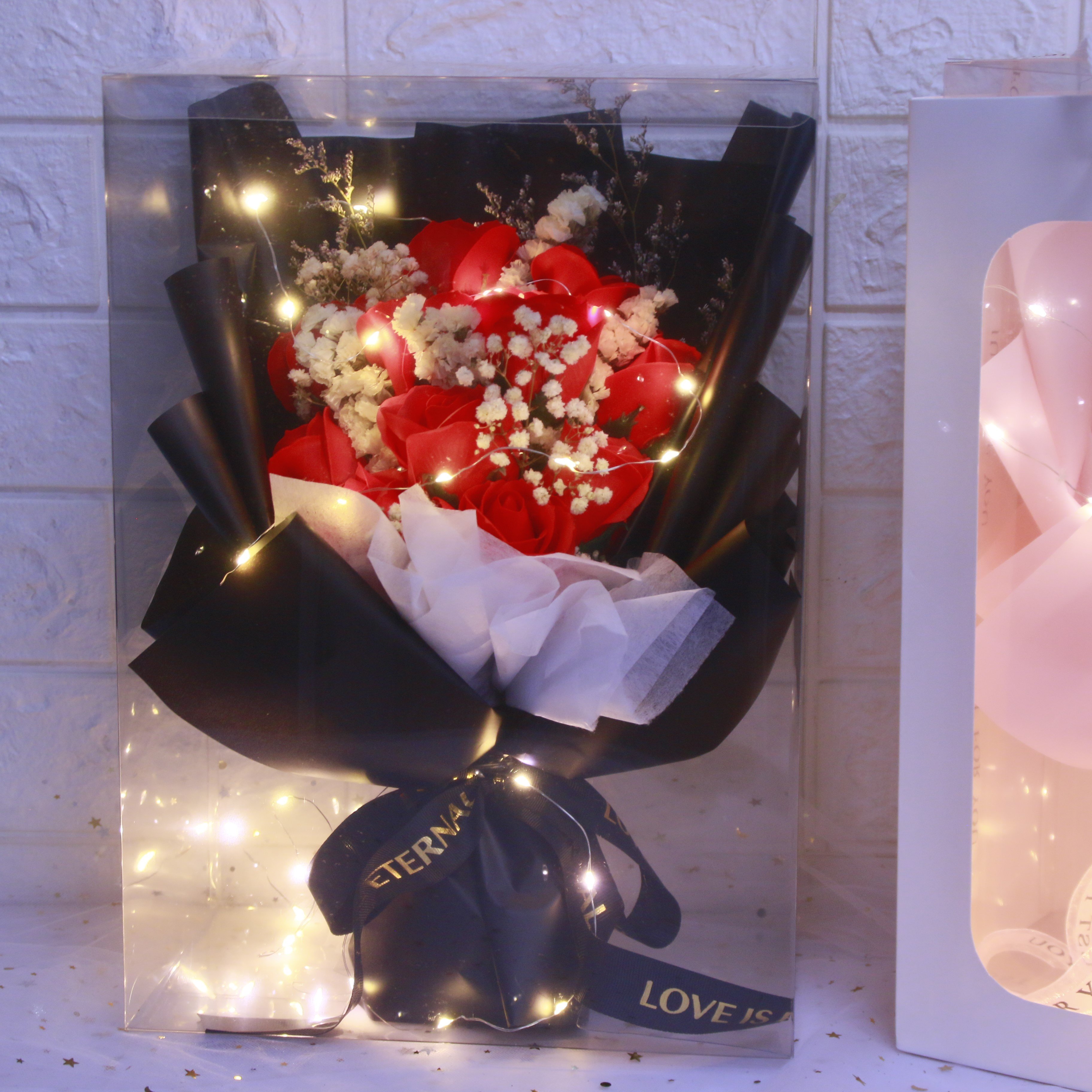 YX Exquisite Gypsophila Soap Rose Bouquet Dried Flowers with LED Light Birthday Valentine's Day Christmas Halloween Gift Idea