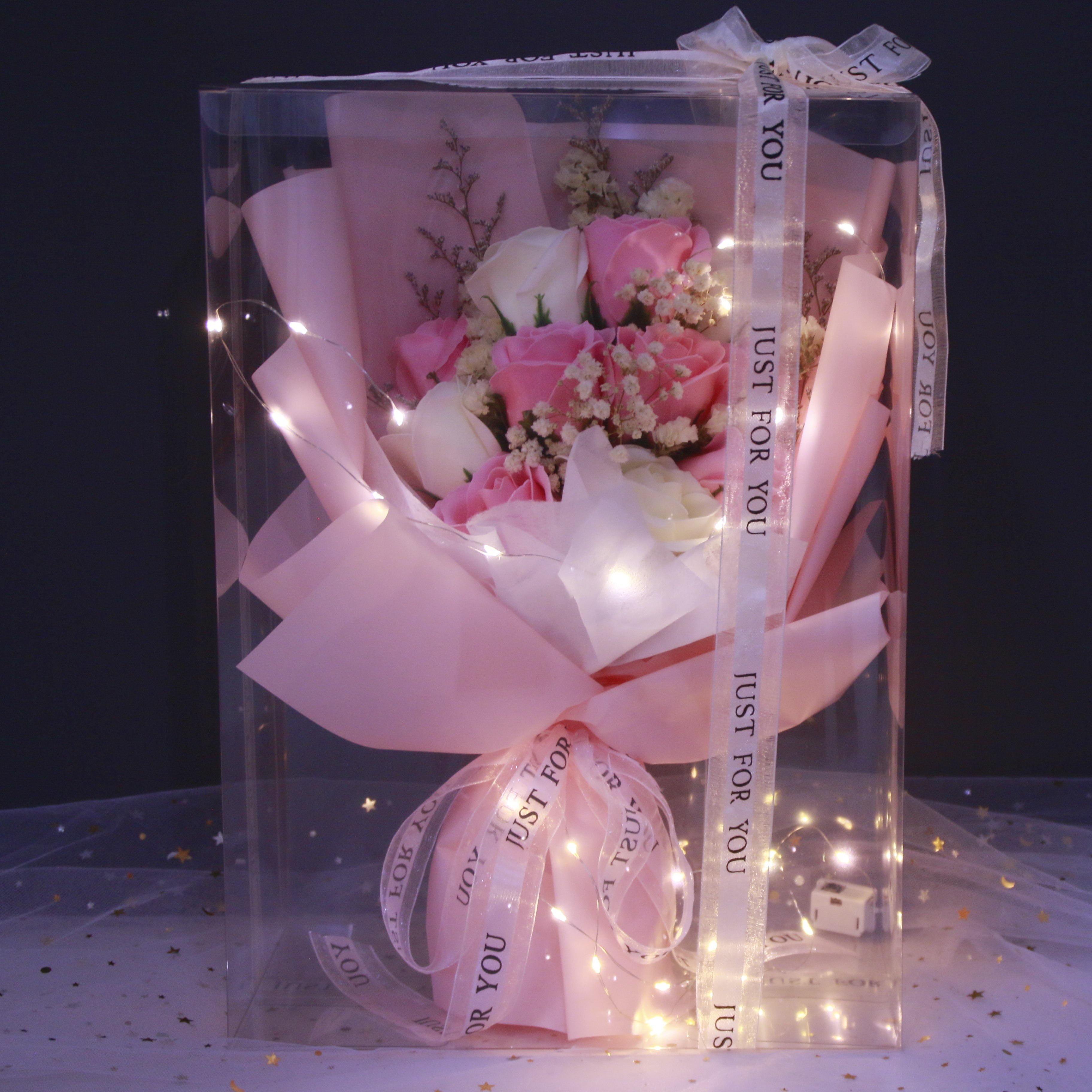 YX Exquisite Gypsophila Soap Rose Bouquet Dried Flowers with LED Light Birthday Valentine's Day Christmas Halloween Gift Idea