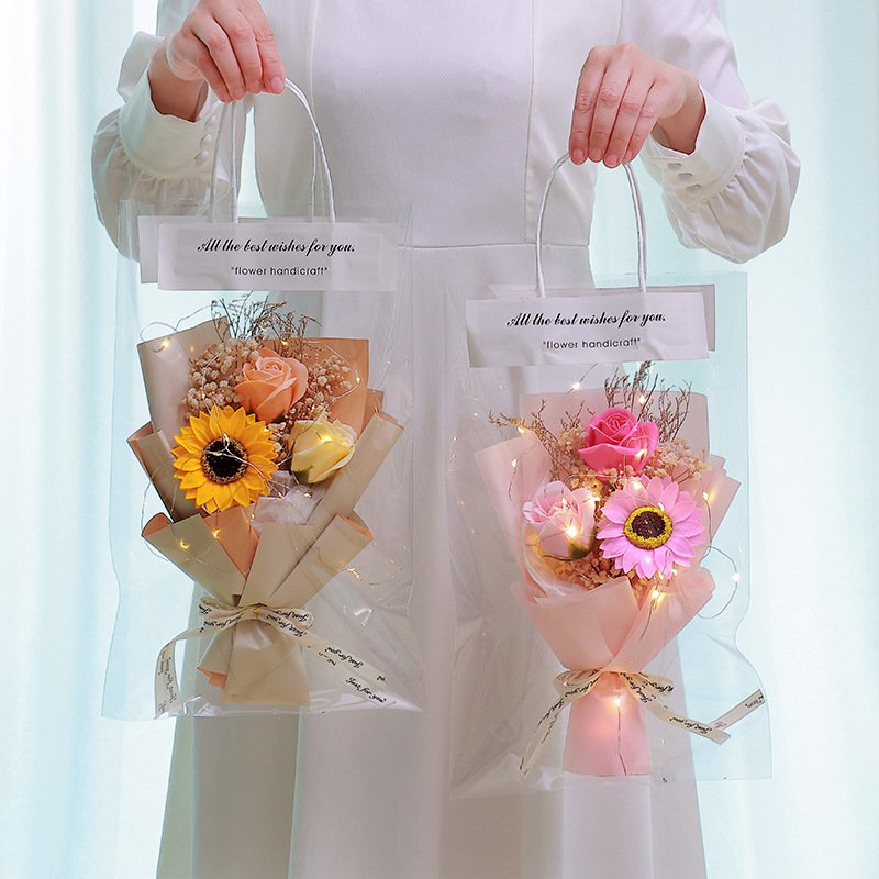Valentines Day Gift 2024 Decoration transparent flower bag with handle Valentine's day preserved flowers dried flower bouquet