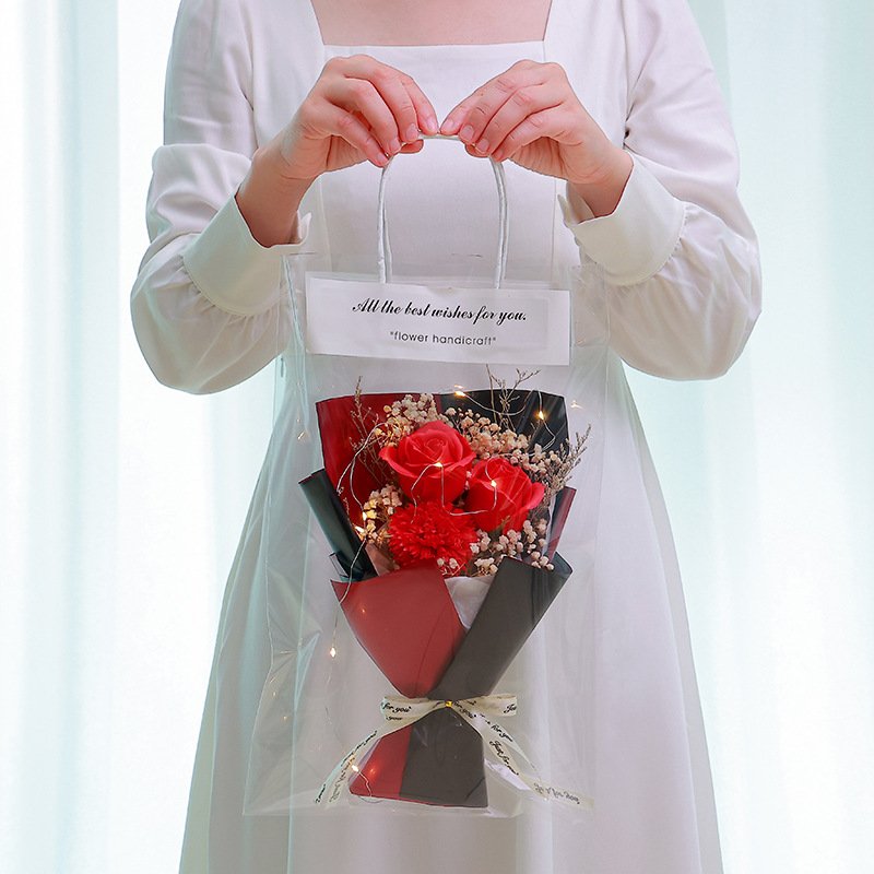 Valentines Day Gift 2024 Decoration transparent flower bag with handle Valentine's day preserved flowers dried flower bouquet