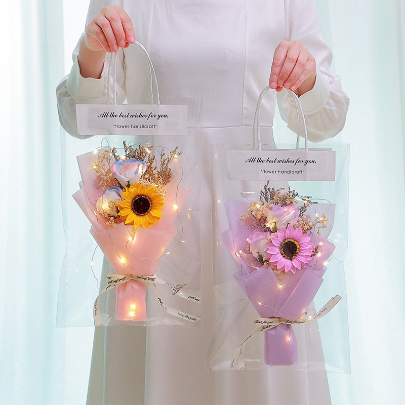 Valentines Day Gift 2024 Decoration transparent flower bag with handle Valentine's day preserved flowers dried flower bouquet