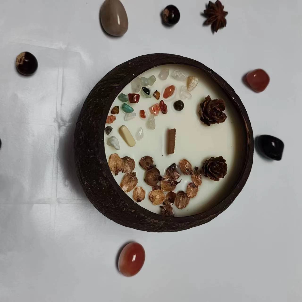 Factory wholesale coconut bowls soy wax custom crystal dried flower gift boxes scented candles