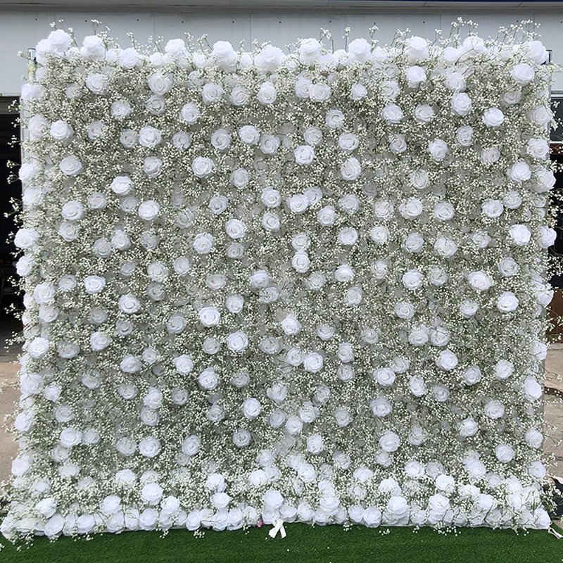 3D White Roll Up Flower Wall Wedding Stage Backdrop Artificial Silk Rose Floral Panel Birthday Party Bridal Shower Decoration