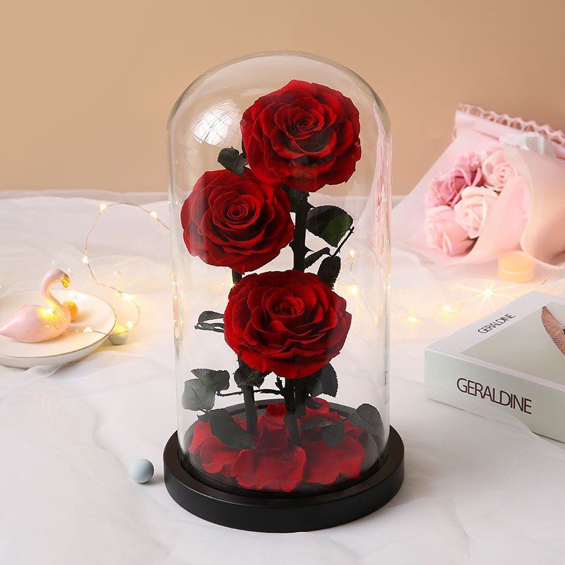 Wholesales Royal Blue Preserved Rose Flower In Glass Dome With Light Preserved Rose With Wooden Base For Bedroom Decor