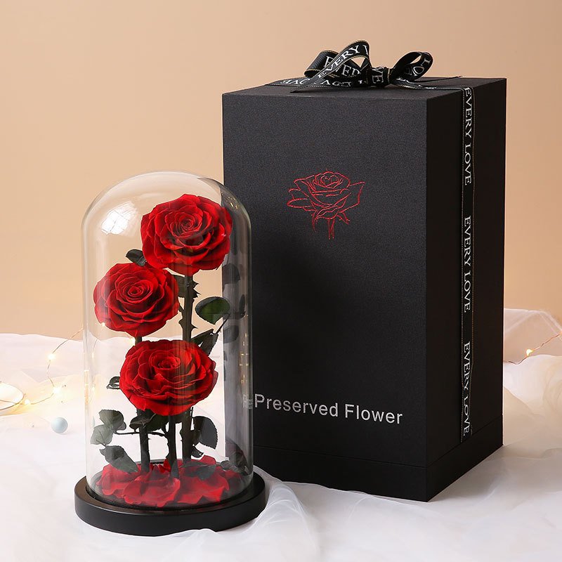 Wholesales Royal Blue Preserved Rose Flower In Glass Dome With Light Preserved Rose With Wooden Base For Bedroom Decor