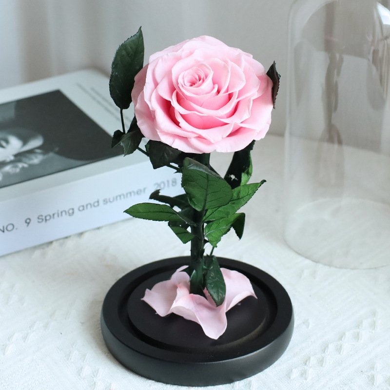 Wholesales Royal Blue Preserved Rose Flower In Glass Dome With Light Preserved Rose With Wooden Base For Bedroom Decor