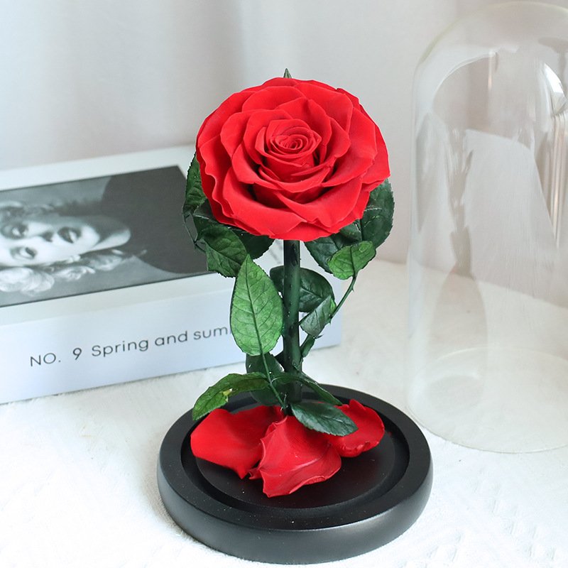Wholesales Royal Blue Preserved Rose Flower In Glass Dome With Light Preserved Rose With Wooden Base For Bedroom Decor
