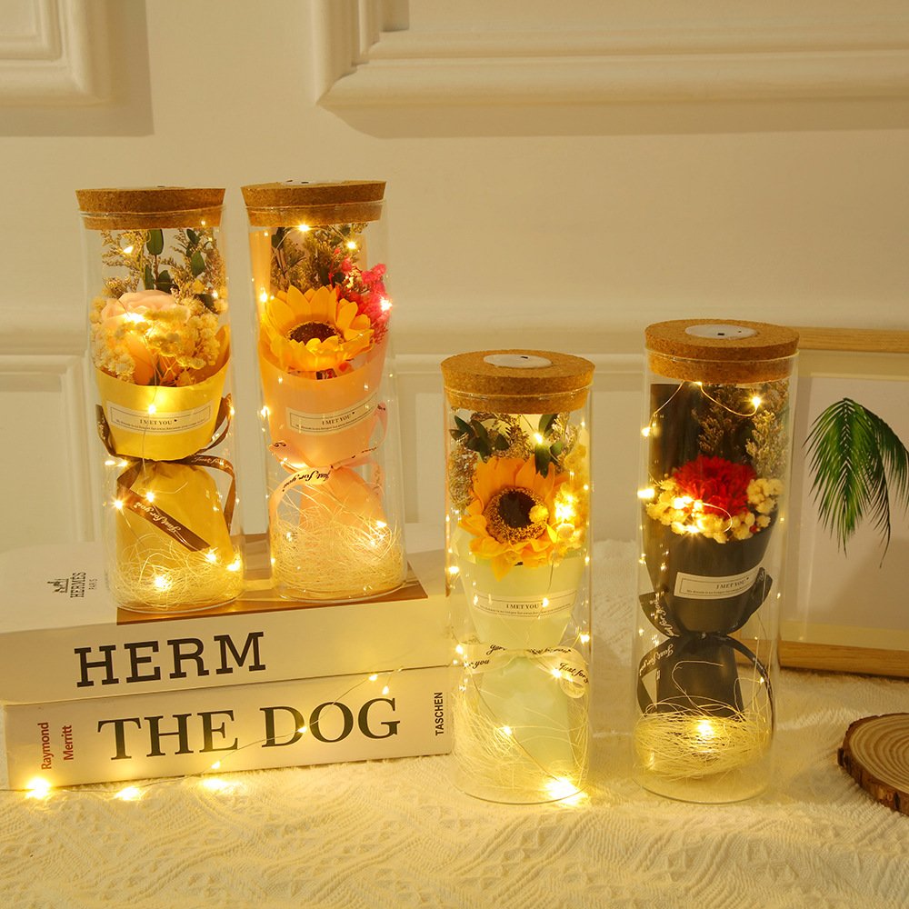 Soap flower sunflower & dried flower bouquet in glass dome manufacturer wholesale for Mother's Day gift
