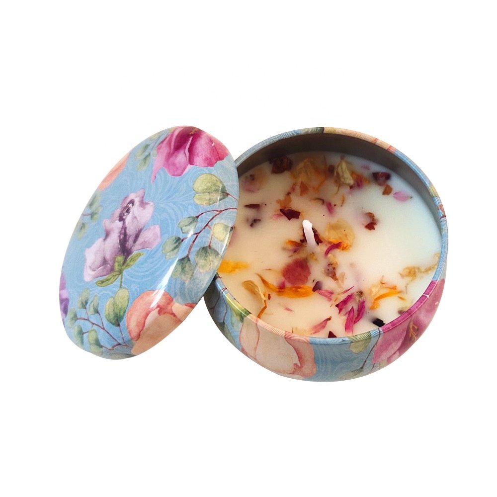 XIONGXI home decoration luxury private label scented soy wax metal tin candles with dried flowers