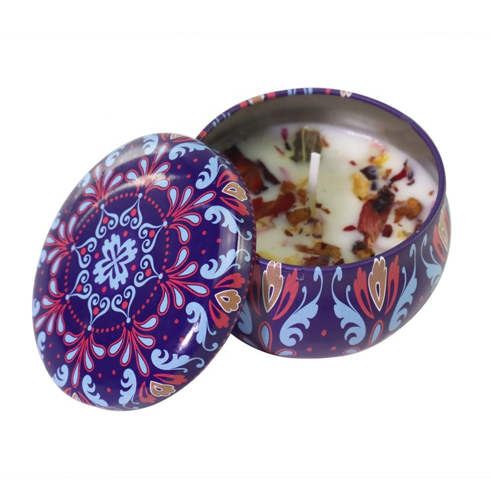 XIONGXI home decoration luxury private label scented soy wax metal tin candles with dried flowers