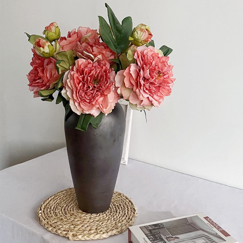 2 heads of vintage French scorched-edge peonies faux flower arrangement living room table dried effect flower bouquet decoration