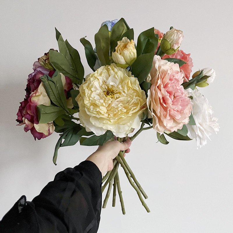 2 heads of vintage French scorched-edge peonies faux flower arrangement living room table dried effect flower bouquet decoration