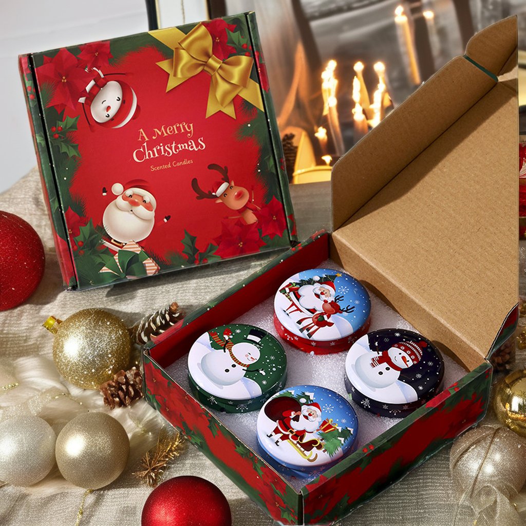 Custom 4Pcs Christmas Gift Snowman Santa Claus Pattern Long Lasting Burn Natural Plant Wax Tin Jar Scented Candle