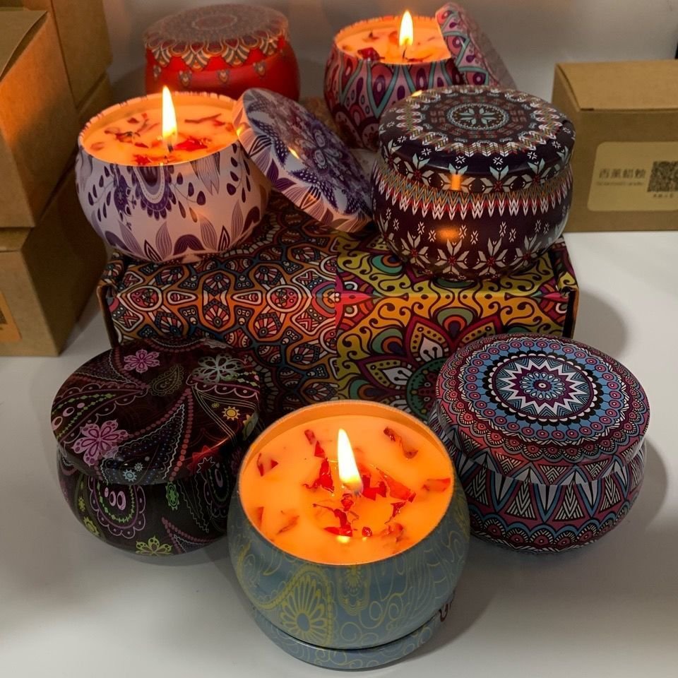 4PCS/PACK Hot Sales Wholesale Luxury Gift Set Metal Aroma Tins Jar Candle Natural Dried flower Soy Wax Scented Candles