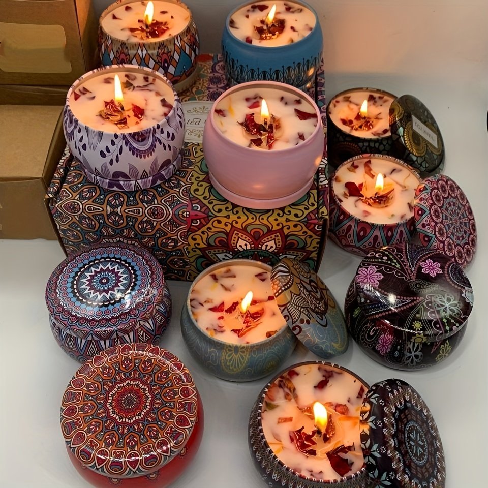 4PCS/PACK Hot Sales Wholesale Luxury Gift Set Metal Aroma Tins Jar Candle Natural Dried flower Soy Wax Scented Candles