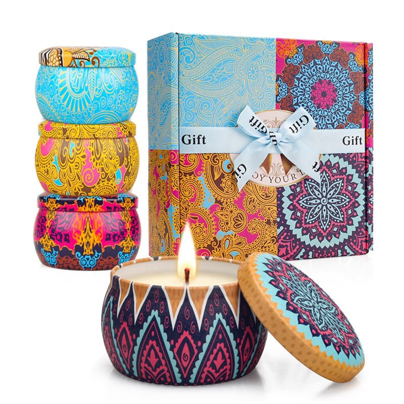 Hot Sales Custom Private Label Hand Made Home Fragrance Tin Candle Candle Gift Set 4 Pack with Dried Flowers Scented Candles
