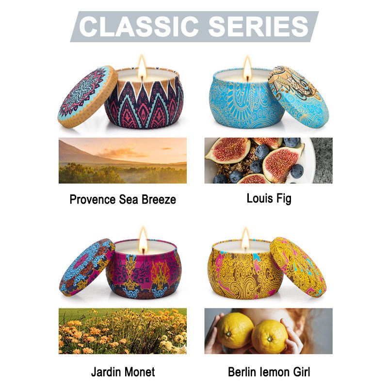 Hot Sales Custom Private Label Hand Made Home Fragrance Tin Candle Candle Gift Set 4 Pack with Dried Flowers Scented Candles