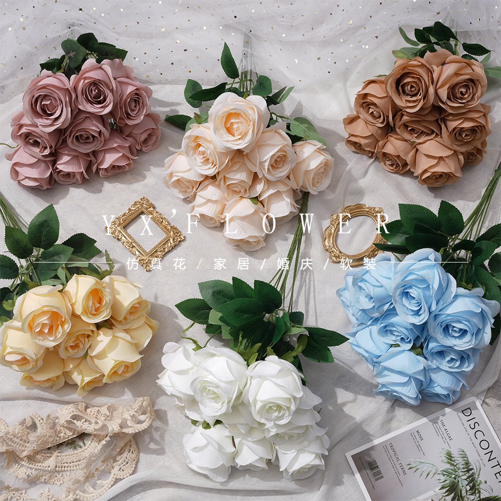 9 happy rose new style bunch of roses European indoor window soft mounted silk flower foreign trade wholesale simulation flower