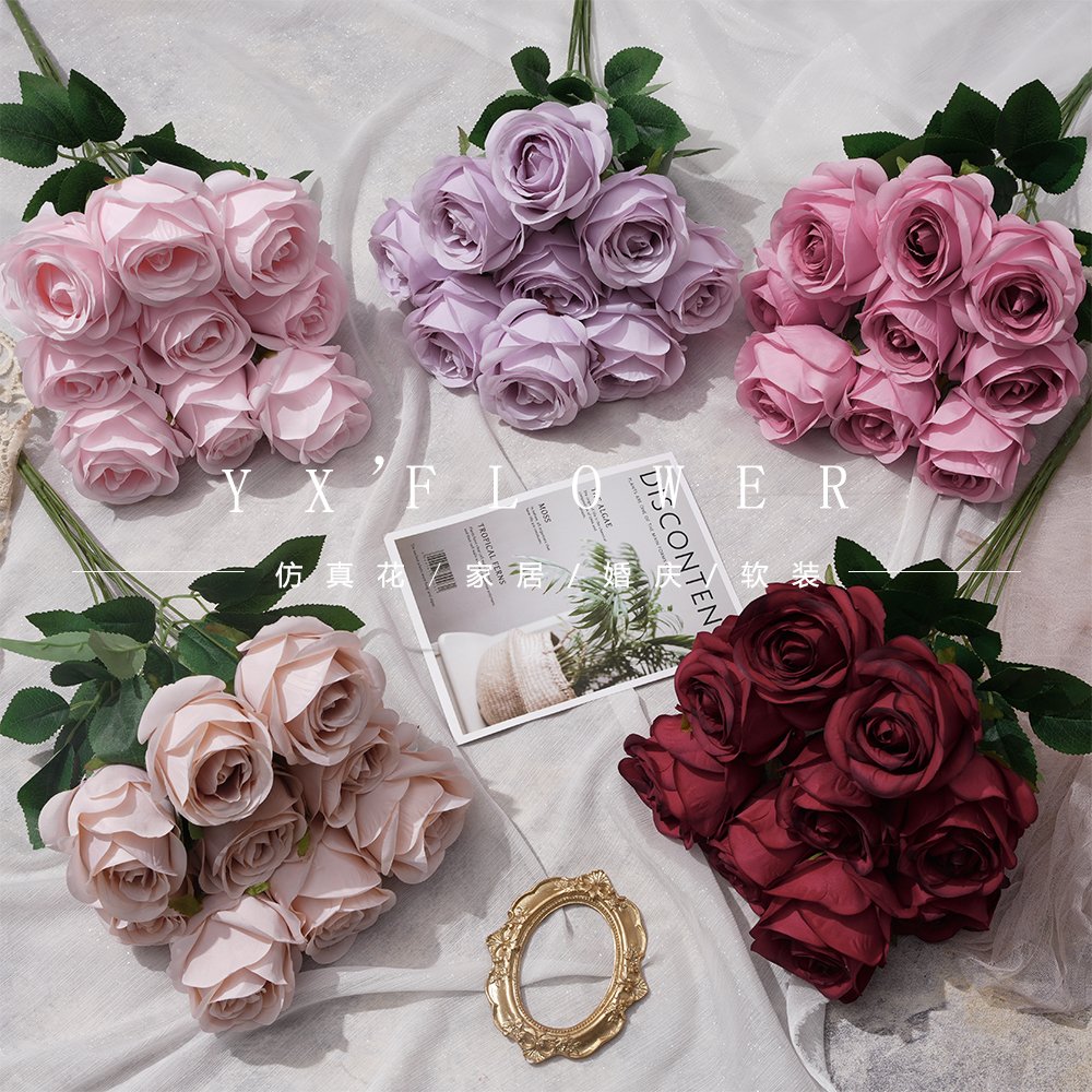 9 happy rose new style bunch of roses European indoor window soft mounted silk flower foreign trade wholesale simulation flower