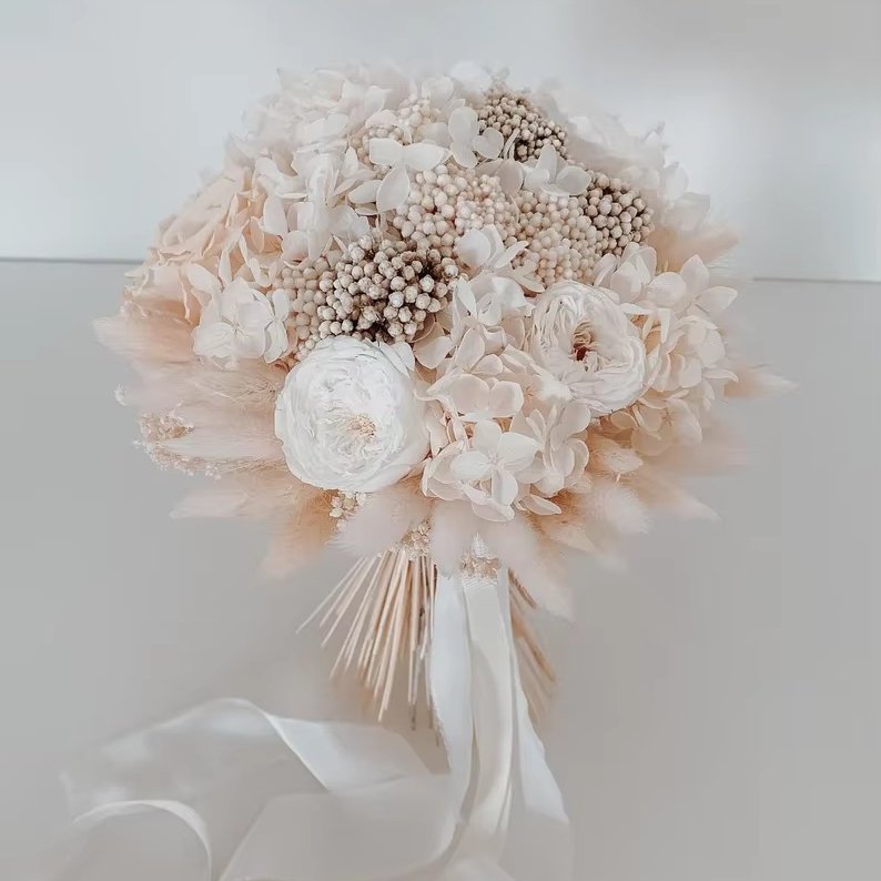 Round White And Champagne Preserved Roses Dried Flowers Bridal Wedding Bouquet Flower For Wedding Decoration