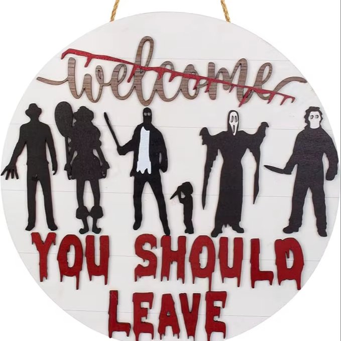 Wooden UV Print Halloween Home Decor Wreath Scary Skeleton Silhouette Front Door Hanging Wreath Halloween Party Supplies