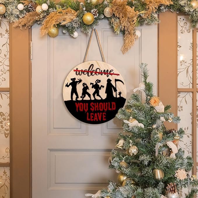 Wooden UV Print Halloween Home Decor Wreath Scary Skeleton Silhouette Front Door Hanging Wreath Halloween Party Supplies
