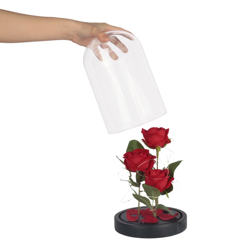 china wholesale good price handmade eternal rose with led lights artificial a preserved red flower forever roses in glass dome