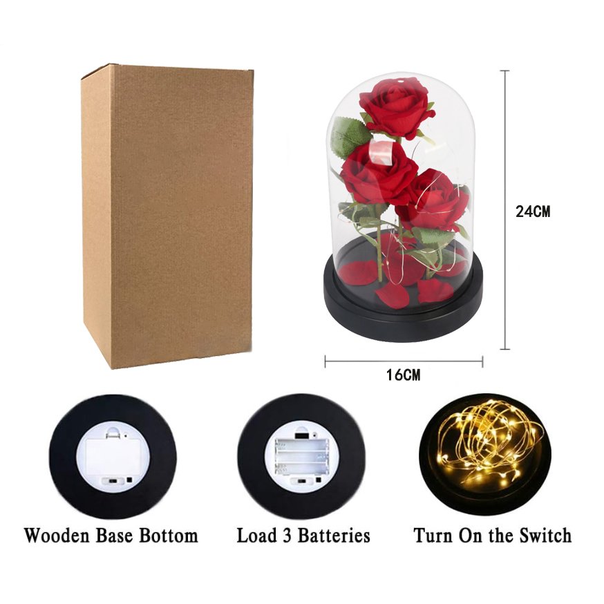 china wholesale good price handmade eternal rose with led lights artificial a preserved red flower forever roses in glass dome