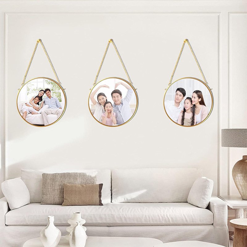 Golden Round Dried Flower Brass Glass Photo Frame Round Botanical Floating Frame for Home Decoration