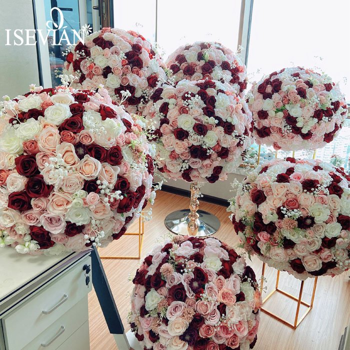 ISEVIAN Red and white rose artificial flower 70cm large wedding flower ball