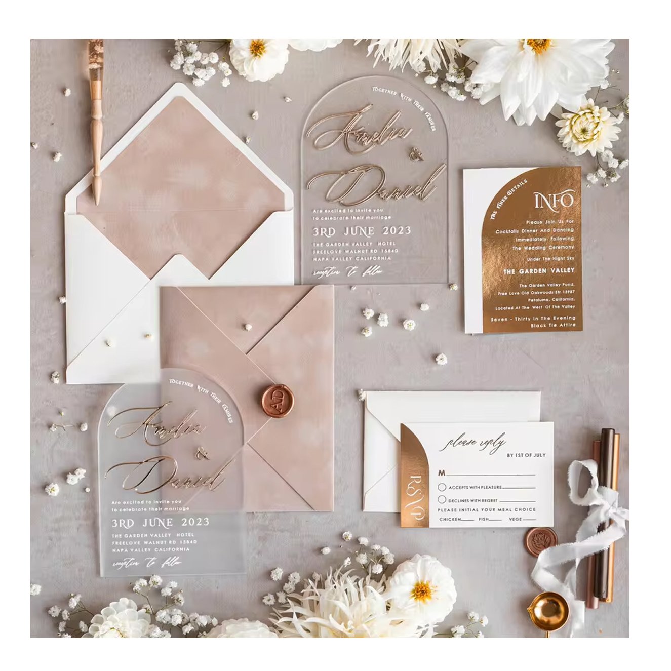 Custom luxury Velvet pink Beige envelopes Arch clear frosted Acrylic wedding invitation with gold foil RSVP Cards