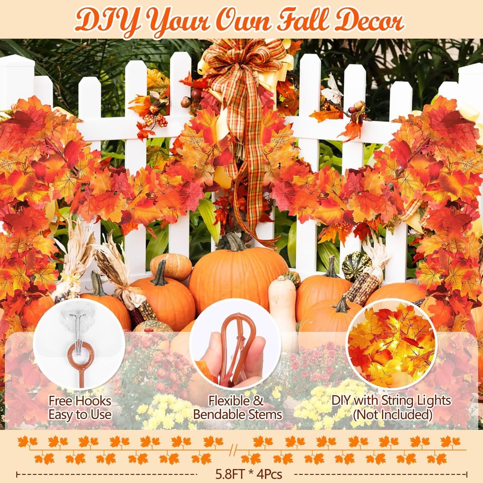 2024 Wholesale Artificial Leaves Hanging Vine Silk Maple Leaf Fall Garland Indoor Outdoor Party Christmas Decor