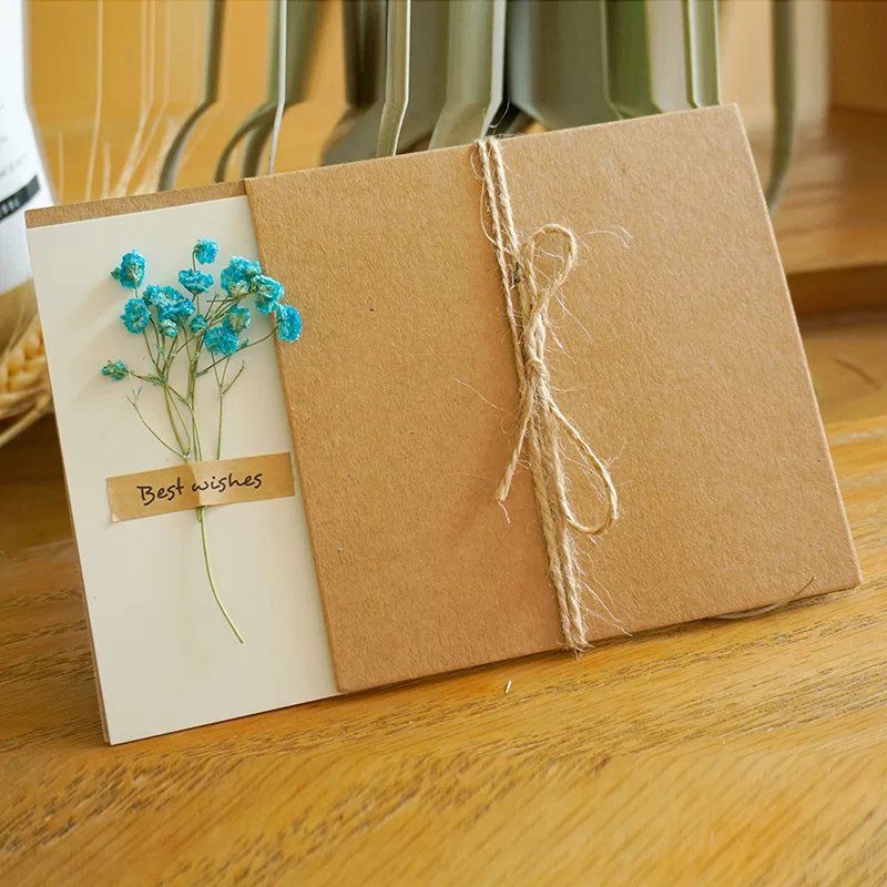 Custom Handmade Vintage Kraft Blank Note Card Thank Notes Dried Flowers Greeting Cards For Birthday Party Invitation Card