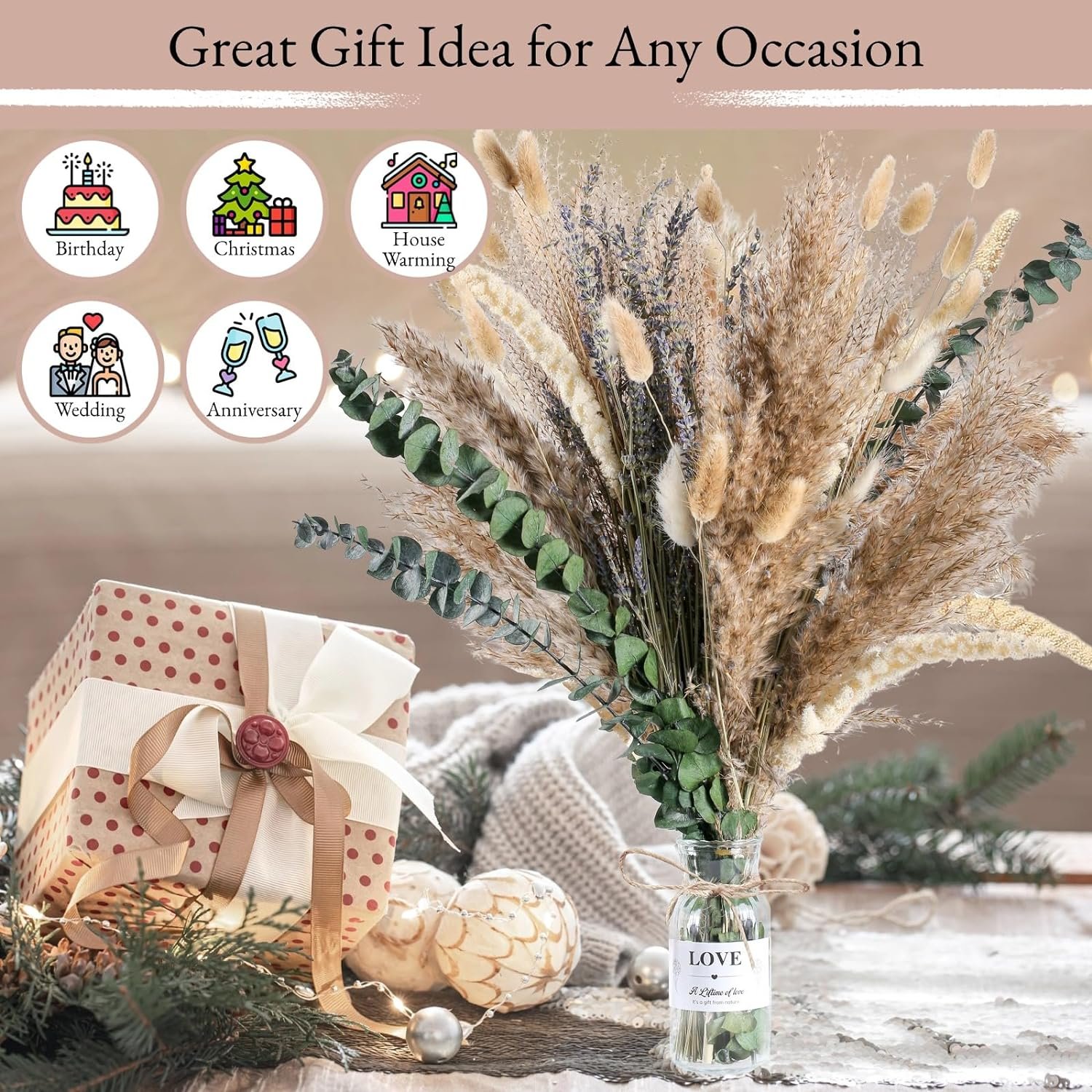 80 PCS Pampas Grass Decor Glass Vase Dried Flowers Bouquet Lavender Eucalyptus Boho Table Centerpieces Rustic Decor Christmas