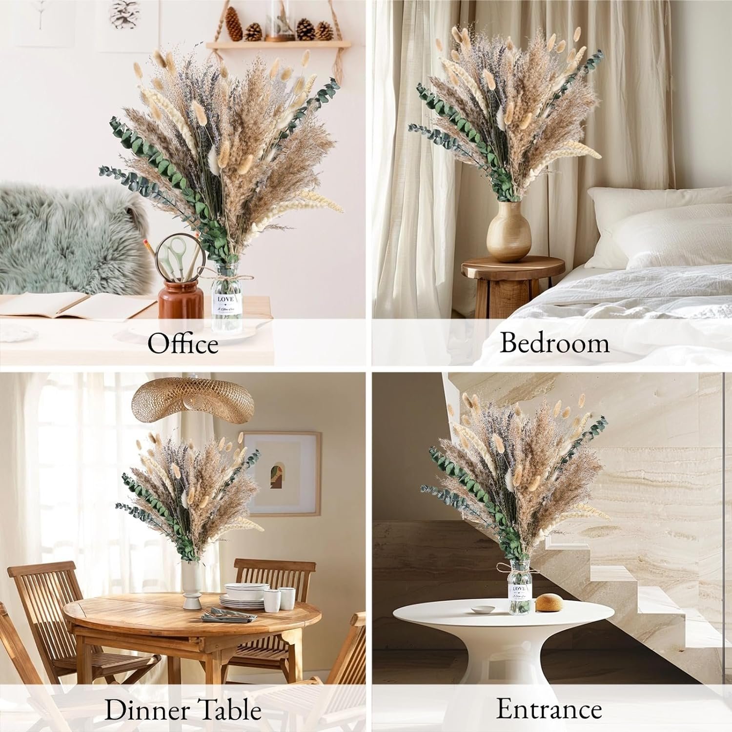 80 PCS Pampas Grass Decor Glass Vase Dried Flowers Bouquet Lavender Eucalyptus Boho Table Centerpieces Rustic Decor Christmas