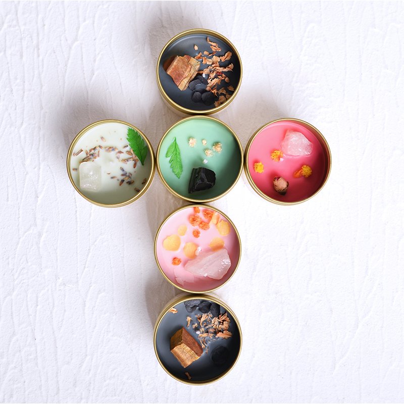 Scented Dried Flowers And Stone Candles Meditation Crystal Soy Wax Scented Tin Candle Soy Candle Home Decor