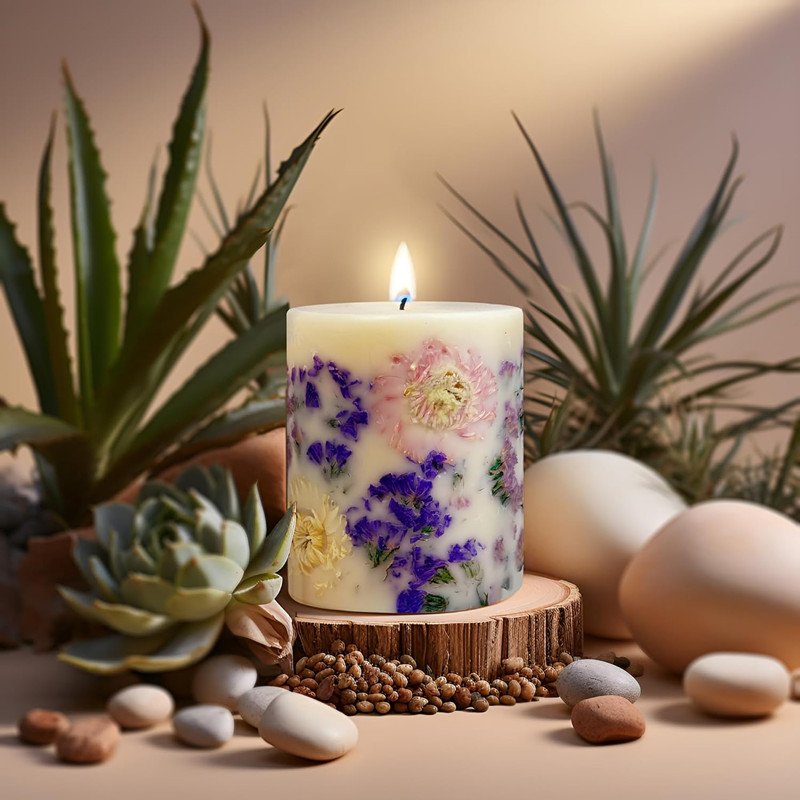 Women Scented Pillar Candle Long Burning Natural Soy Wax Scented Candle for Home Hand Poured Luxury Candle with Dried Flowers