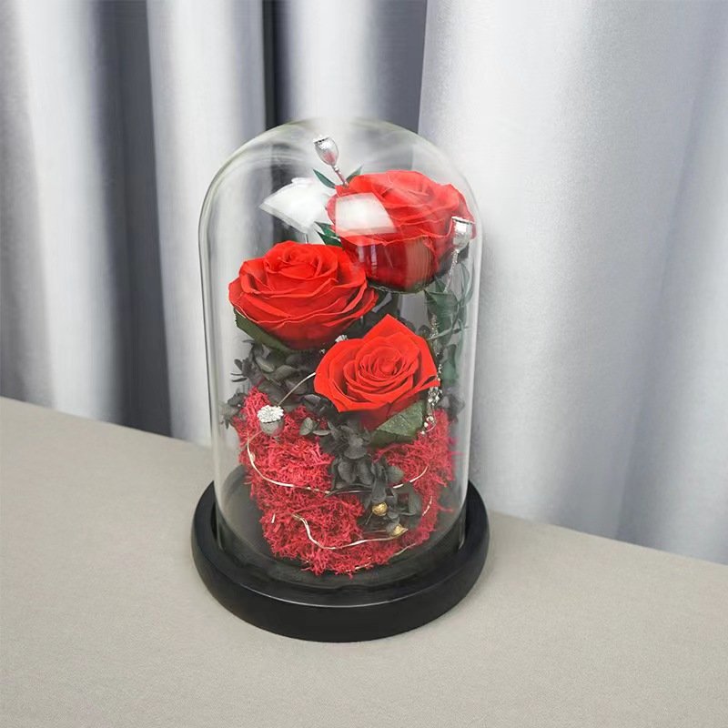 Yunnan Forever Fresh Rose Landscape Glass Cover Preserved Flower Decoration Qixi Gift for Girlfriend