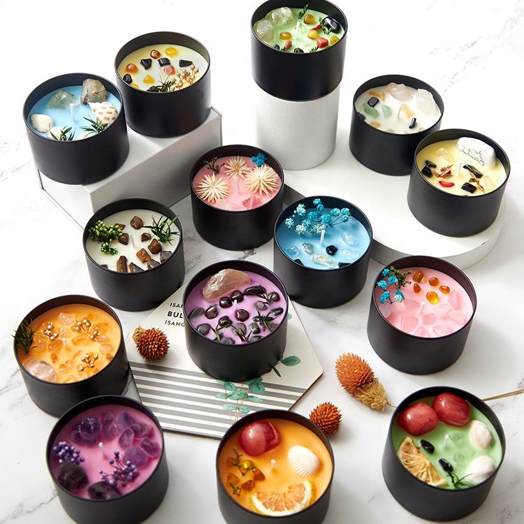 Gemstone Small Aromatherapy Healing Chakra Coloured Wax Dried Flower Raw Crystal Coconut Wax Essential Oil Scented Candles