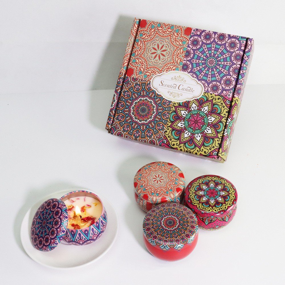 Hot Selling 4PCS/Pack Soybean Wax Metal Jar Scented Candles Dried Flower Fragrance Candles