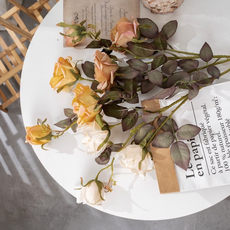 DY1-3320A Artificial Dry roasted rose with three heads flower Vintage Flowers Gothic Rose for Wedding Vase DIY Gift Decor