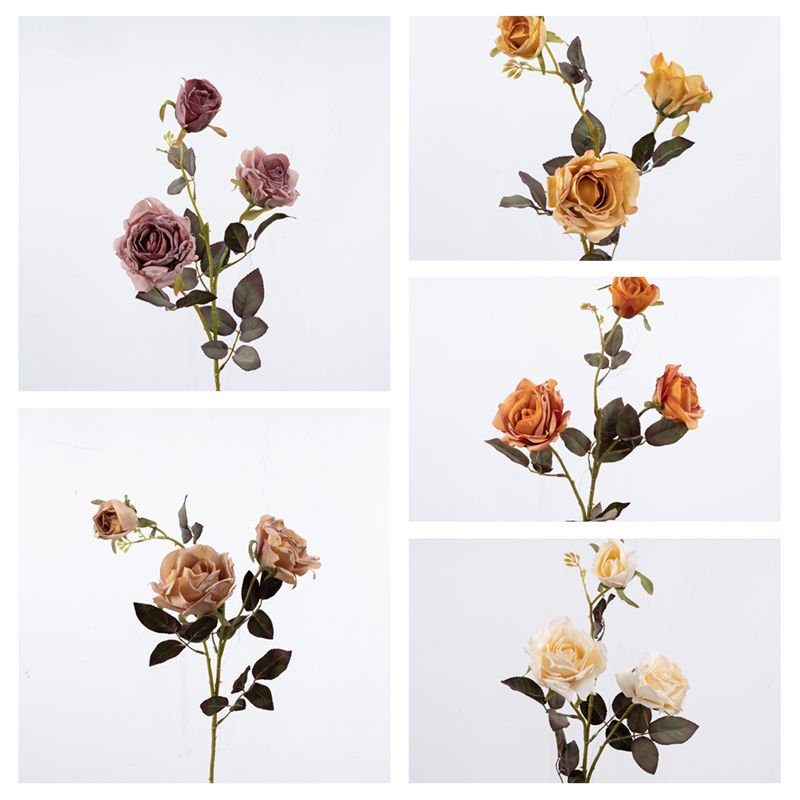 DY1-3320A Artificial Dry roasted rose with three heads flower Vintage Flowers Gothic Rose for Wedding Vase DIY Gift Decor