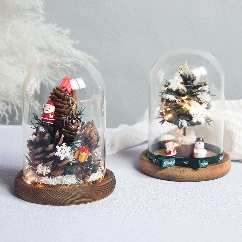 G92 Christmas Finished Decoration Fresh Flower Rose Gift Pine Cone Dried Flowers Bouquet Glass Cover Christmas Pine Cone