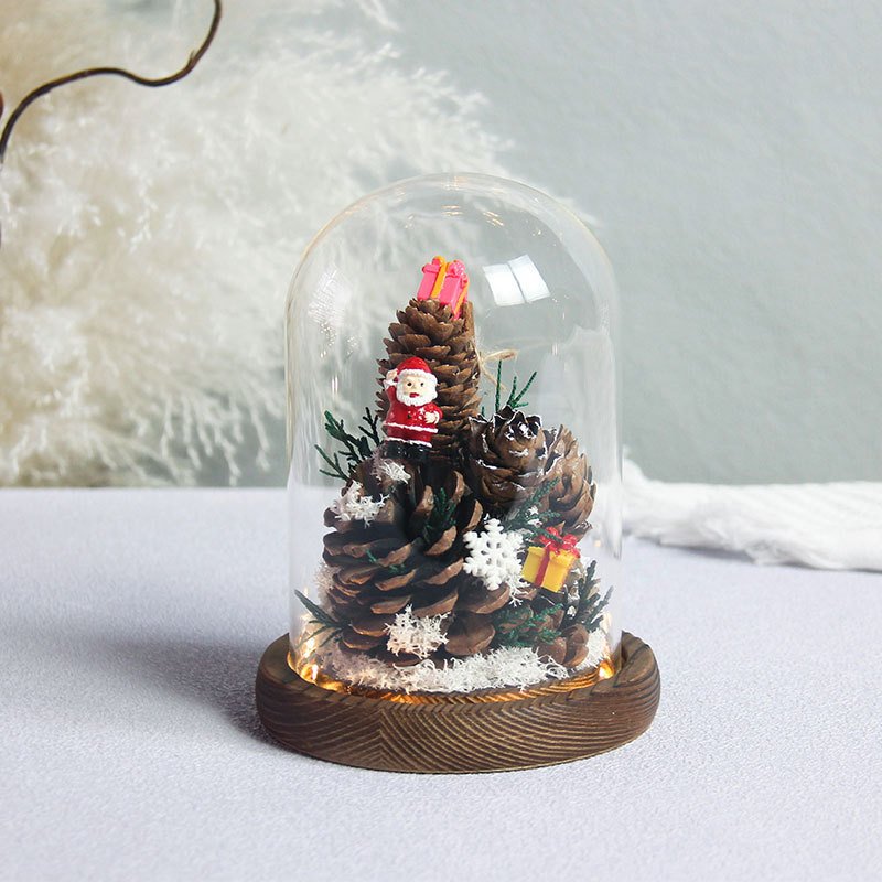 G92 Christmas Finished Decoration Fresh Flower Rose Gift Pine Cone Dried Flowers Bouquet Glass Cover Christmas Pine Cone